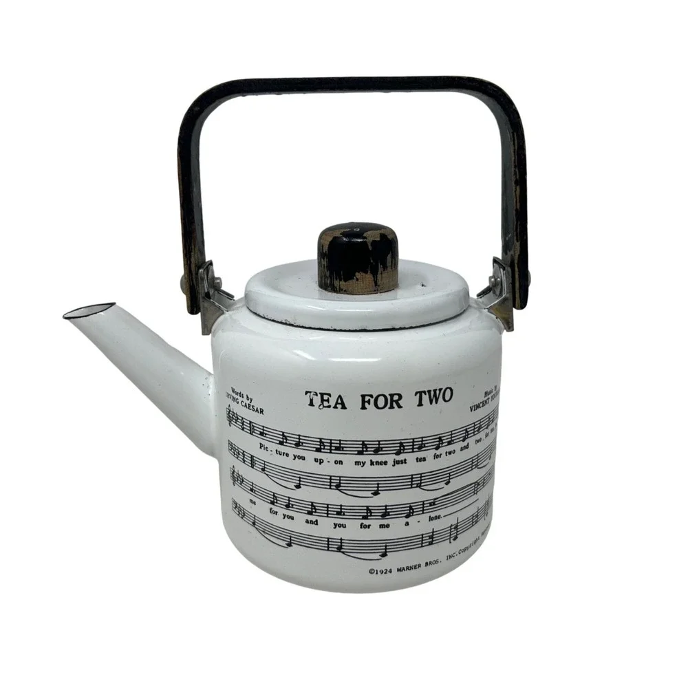 Tea For Two Teapot Vintage 1979 Kamenstein Porcelain Enamel‎ Metal Wood Handle